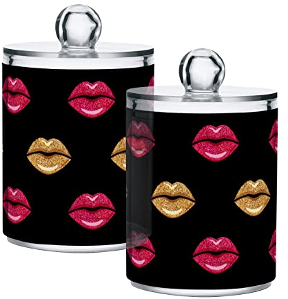 Fustylead 2 Stück Rosa und Gold Schimmer Lippenstift Kunststoff Apothekerglas Set für Badezimmer Aufbewahrung, Qtip Halter Spender für Wattebällchen, Tupfer, runde Pads, Zahnseide