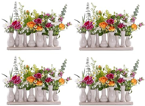Jinfa 4er Pack Keramikvasen – je 10 kleine Vasen auf Sockel – Antik-Weiß – Boho Tischdeko & Nordic Design – Handgefertigtes Geschenk