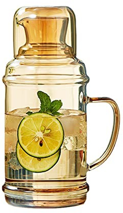 Firlar Carafe à Eau de Chevet et Ensemble de Verres, Pichet de Carafe de Nuit de Chevet et Gobelet en Verre à Eau, Pichet à Eau en Verre Vintage avec Tasse pour Chambre à Coucher(Marron-1100ml)