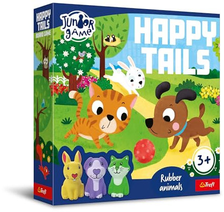Trefl - Happy Tails, Junior Game - Brettspiel für Kleinkinder, Zwei Varianten, Gummitiere, Große Elemente, Einfache Regeln, Schöne Illustrationen, Lernen durch Spielen, Spiel für Kinder ab 3 Jahren