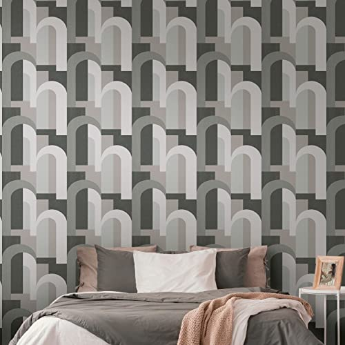 BRICOFLOR Retro Tapete schwarz grau beige Design Vliestapete im 70er 60er Jahre Stil Mid Century Wandtapete mit Bogen Muster
