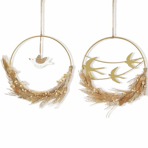 WPAJIRZO Trockenblumenkranz Wanddeko - Metallring mit Pampasgras & Vogel Ornament im Boho Stil - Ganzjährige Dekoration für Tür, Fenster, Wand