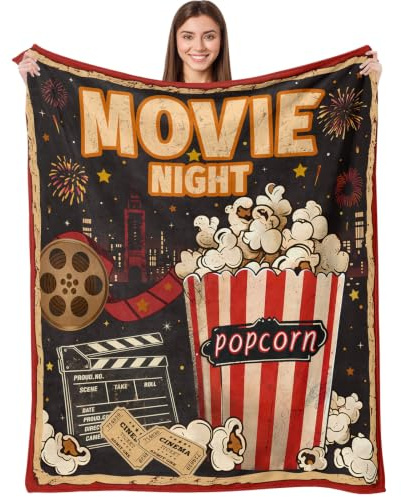 Movie Night Gifts Throw Blanket, Soft Cozy and Warm Couch Blankets for Home Film Cinema Theater Popcorn Decor, Vintage Poster Theme Gift for Adult Women Men Movie Lover. Blue 50×60 inches