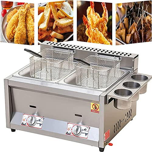 LAMEDOAT Friteuse à gaz Commerciale 10 L/20 L, friteuse française en Acier Inoxydable avec Panier et bac à épices, pour Chips, Beignets, Poisson, Facile à Nettoyer, Double réservoir