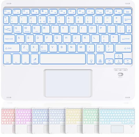 SOPPY Portable Bluetooth Keyboard and Mouse with Backlight, Rechargeable Mini Keyboard, Wireless Keyboards for iPad/Tablets/iOS/Android/Windows, UK Layout (White)