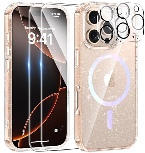 AROYI 5 in 1 Clear Glitter Case Compatible with iPhone 16 Pro Case with 2 Screen Protector and 2 Camera Lens Protector, Bumper Sparkle Bling Women Girls Phone Case for 16 Pro 6.3