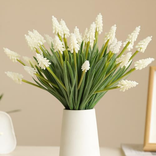 Shirfloral 15Pcs Grape Hyacinth Larkspur Artificial Flowers Fake Plants Faux Flowers Bouquets Floral Table Centerpieces Home Spring Wedding Party Decoration (White)