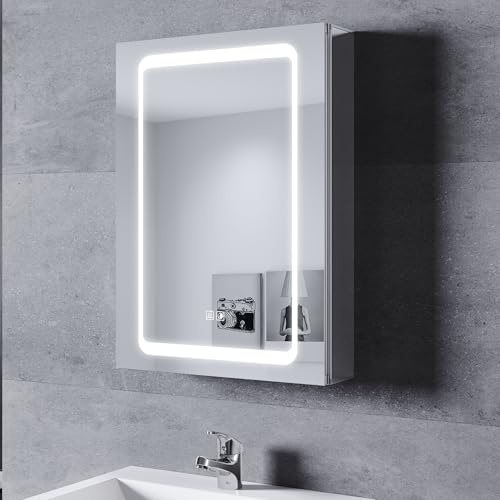 SONNI LED Spiegelschrank Bad und Steckdose 70 x 50 cm, Aluminum Spiegelschrank mit Touch-Schalter, 3 Lichtfarben + Defogging, Kabelloses Scharnier Design Badezimmer Medizinschrank