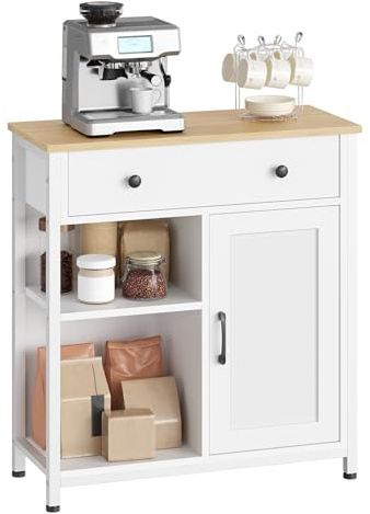HOOBRO Sideboard Küche mit Schublade, Küchenschrank mit verstellbarem Regal, Aufbewahrungsschrank mit Türen, Kaffeebarschrank für Cafés, Küche, Restaurant, Wohnzimmer, Weiß und Natur EWN70CB01