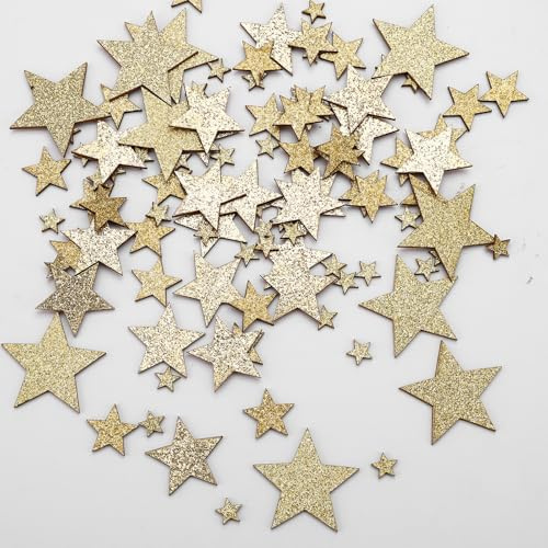 ENLACE 100 Stück Holzsterne zum Basteln,4 Größen Streudeko Sterne Holz,Gold Glitzer Konfetti Holz Sterne Deko,Holzkonfetti Streudeko Weihnachten,Holzsterne Klein Tischdeko Weihnachten,1 cm bis 4 cm