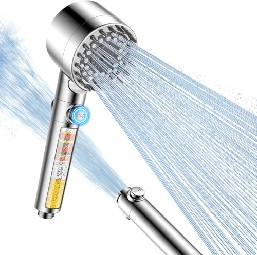 FEELSO High Pressure Filter Shower Head with Anti-Clog Nozzles,4 Modes | Powerful Handheld Shower Head with 15 Stage Filter for Hard Water UK, Massage Brush, for Residual Chlorine Remove,Silver