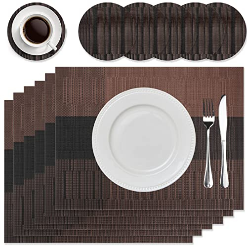 HEYOMART 6er Set Platzsets und Untersetzer, rutschfest Abwaschbar Tischsets, PVC Vinyl Hitzebeständig Platzdeckchen, Ideal für Küche, Party, Hochzeit usw, Braun