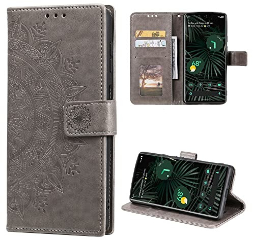 CoverKingz Handytasche kompatibel mit Google Pixel 6 Pro - Handy Case mit Kartenfach Handyhülle - Flipcase klappbar Motiv Mandala Grau