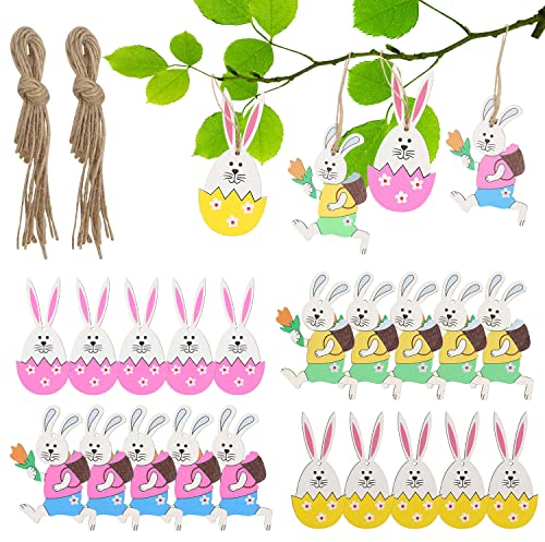 Abnaok 20 Stück Osteranhänger Hase Holz, Osterhasen zum Aufhängen, Anhänger Ostern, Osterdeko Basteln Kinder, Osteranhänger für Ostern Dekoration Frühlingsdeko