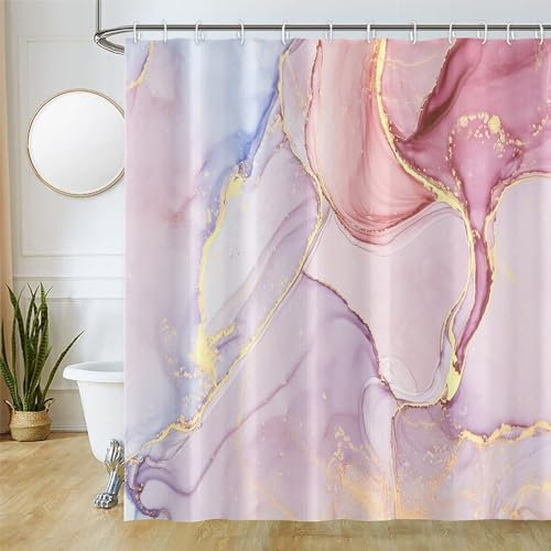Uiiooazy Duschvorhang Rosa Gold, Duschvorhang Marmor Optik Blau Violett Abstrakt Duschvorhäng Anti Schimmel Wasserdicht Polyester Stoff Waschbar Bad Vorhang mit 12 Haken für Badezimmer 180Bx200Hcm