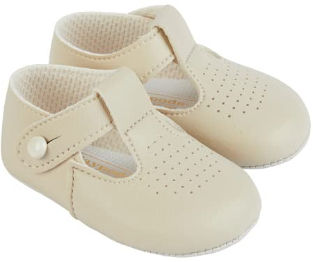 EARLY DAYS Baypods, Baby Shoes for Boys & Girls, Soft Soled Pre Walker Shoes, Soft Faux Leather Baby Boys & Baby Girls Shoes, B625 T Bar Style Shoe, Hole Punch, Made in England, Biscuit, 1 UK Child