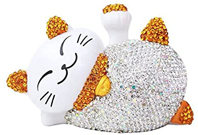 FIYSON Glückskatze Solarbetriebene Winkende Katze Niedliche Maneki Neko Glückskatze Figuren Winkender Arm faul liegende Katze Glück verheißend Fengshui Dekor für Zuhause,Auto-Dekoration,10x6cm (Gold)