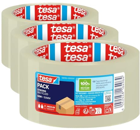 tesa tesapack Eco und Strong - Umweltschonendes Paketband aus 100 Prozent recyceltem Kunststoff, UV- und alterungsbeständig - Transparent - 66 m x 50 mm, 3er Pack