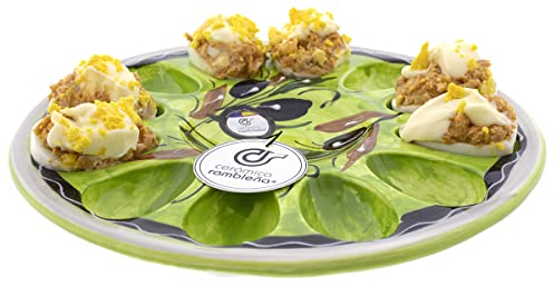 CERÁMICA RAMBLEÑA | Huevera | Plato huevos rellenos | Bandeja cerámica | Huevos rellenos | Huevos plato | Huevera amazon | Plato huevos modelo - M03 | Decoración 100% hecho a mano | 26x26x2.5 cm