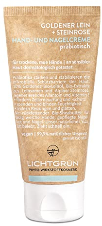 HAND- UND NAGELCREME präbiotisch LICHTGRÜN® 50 ml | Hilft trockenen, rauen, empfindlichen Händen mit Bio-Leinöl, Bio-Steinrose, Allantoin | 99,9% Natürlich, Vegan