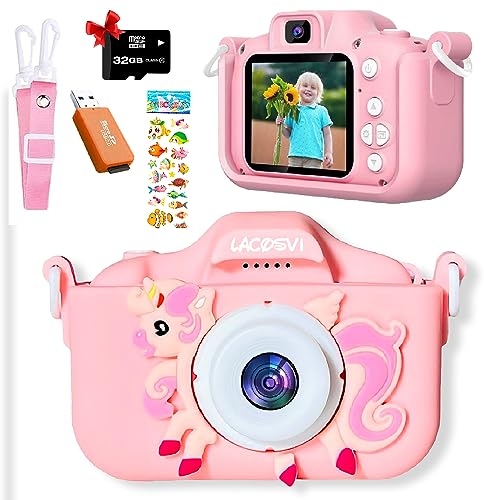 Lacosvi Kinderkamera, 5,1 cm (2 Zoll), 1080P HD, Selfie-Videokamera für Jungen und Mädchen, mit SD-Karte mit 32 GB, originelle Geburtstagsgeschenke für Kinder von 3 bis 12 Jahren, in Spanisch (Rosa)