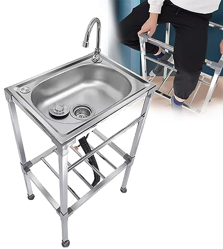 FaccioneerZ Lavello Mobile in Acciaio Inox con Supporto Lavello A Una Vasca in Lavamani con Rubinetto Lavandino da Giardino per Garage Ristorante Lavanderia Interni Ed Esterni (Size : 38x33x83cm)