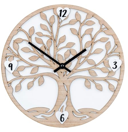 Orologio da parete in legno, 30 x 30 cm, con albero della vita, colore bianco, rotondo, decorazione da parete