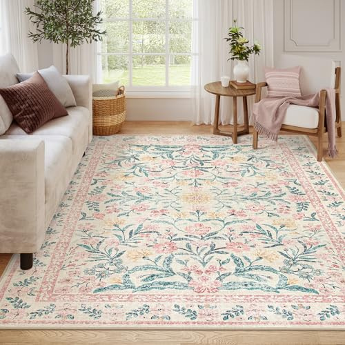 Wonnitar Teppich für Wohnzimmer, Boho-Teppich, groß, waschbar, 20,3 x 25,4 cm, weiches rosa Blumenmuster, rutschfest, niedriger Flor, für Mädchenzimmer, Spielzimmer, Kinderzimmer