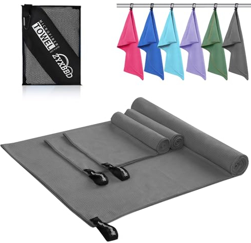ZYXBBD Microfaser Handtücher 3er Set (160x80cm Groß Badetuch +2 Stück 80x40cm Klein Handtuch) Kompakt & Schnelltrocknend Leicht Gestreiftes Strandtuch Badetuch für Fitness,Sauna,Strand,Reise, Grau