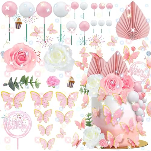 SoundZero 52 Piezas Pastel Floral Boho Rosa, Bolas para decorar tartas, Decoración De Bola De Pastel De Mariposa, Topper de Pastel de Cumpleaños de Mariposa, boho decoración para tartas