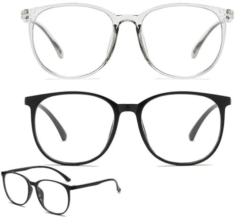 Bmeigo 2 Pack Blue Light Blocking Glasses for Women Men, Gaming Glasses Anti Eyestrain UV Glare Eyeglasses Round Lens Reading Glasses for Computer, Cell Phone, TV (Black, Clear Grey)
