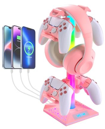 VCOM Support de casque de jeu RVB avec 2 ports USB et 1 port de type C, support de casque rose avec 10 modes d'éclairage et caoutchouc antidérapant, adapté pour les accessoires de bureau PC, cadeau