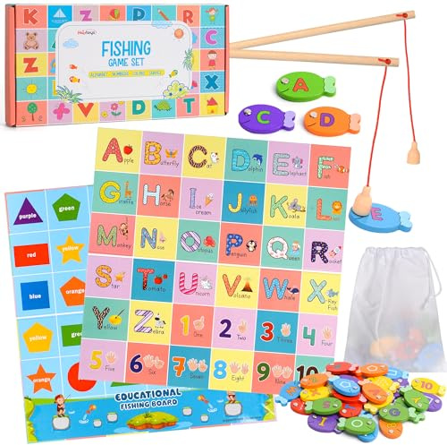 Magnetisches Angelspiel aus Holz – interaktives ABC-Alphabet, Zahlen, Formen und Farben, 4-in-1-Lernbrett | pädagogisches Montessori für Kinder | komplettes Set mit 36 Fischen, 2 Stöcken u