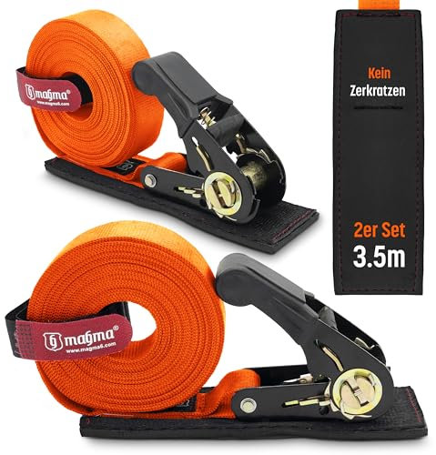 MAGMA Confezione da 2 cricchetti di protezione antigraffio, 3,5 m, tenditore a cricchetto, fissaggio di rimorchi per autocarri e moto, brache di legatura, Orange