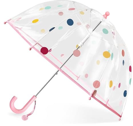 Kinder Regenschirm Kinder mit Kuppeldach Leichtes Niedliches Lustiges Design, Wind- und Regenschutzschirm,Stockschirm in Glockenform Transparent - Geschenke für Kinder (Rosa Punkt)