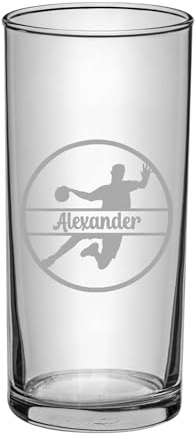 Lila Lotte Trinkglas Handball, Geschenk für Handballer, graviertes Glas mit Namen, personalisiert nach Wunsch, 3 versch. Glasformen, Art.-Nr. HB2 (Glas 1)