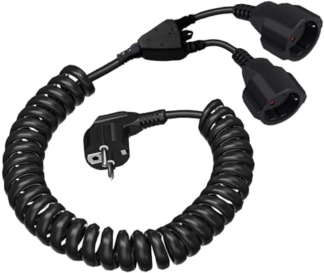 DewinLVD Schutzkontakt-Spiralverlängerung, 2m dehnbares Spiral-Kabel Verlängerungskabel IP20 Spiralkabel Schuko Verlängerung H05VV-F 3G 250V 16A max 3680W für das Home Office Schwarz