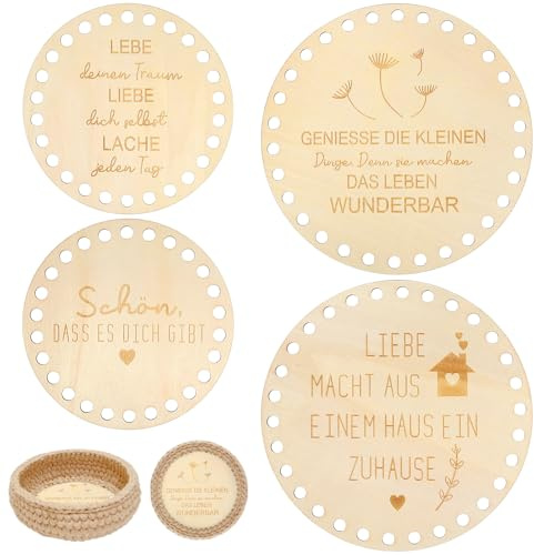 4 Stück Korbboden Häkeln Gehäkelter Korbboden Holzboden Häkelkorb 10/20 cm | 10/20cm Rund Holzbasis für Korb Taschenboden Häkeln Häkelkorb Holz für DIY Korbflechten Basteln Kunsthandwerk Heimdekoration
