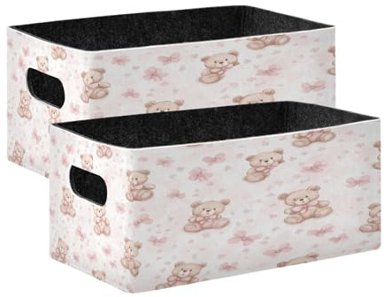 Kcldeci Pastel Teddy Bear 2 Pack Storage Baskets for Organizing,Sturdy Foldable Storage Bins Organizer for Shelves Closet Nursery