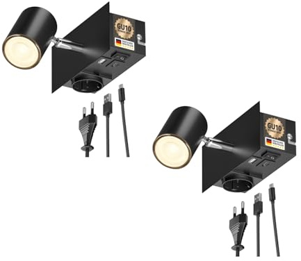 ledscom.de 2x Wandspot WAIKA, 1-flammig, schwarz, Steckdose, USB-C, USB-A, inkl. LED GU10 Lampe, 1103lm, 33°, warmweiß