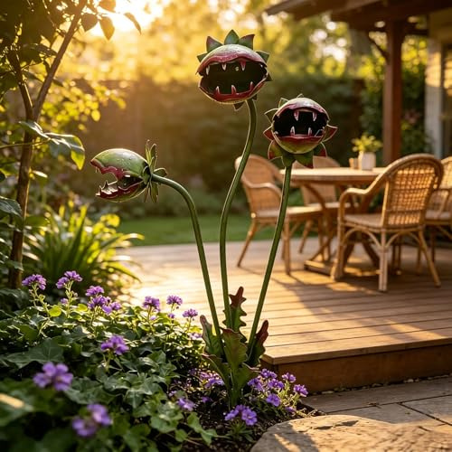 Verspielter Metall Fleischfressende Pflanze Gartenstecker, 64 cm Große Venusfliegenfalle Monster Pflanze Skulptur, Gartendeko für Außen Rasen Pflanzkübel Blumenbeete, Originelles Gartengeschenk