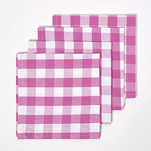 HOMESCAPES 4er-Set Karierte Stoffservietten pink-weiß 45x45 cm, Servietten Vichy-Karo, Tischservietten aus 100% Baumwolle
