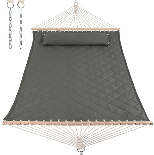 ANOW Double Hammock with Spreader Bars and Detachable Pillow, 78.7 x 55, 2 Person, 450 LBS, Grey