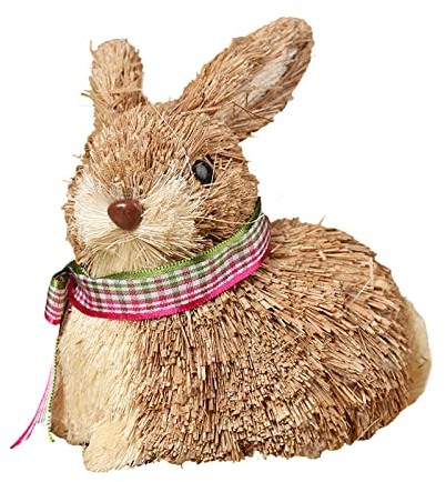 RESOYE Stroh-Hasen-Figur, Ornamente, niedliche Osterhasen-Statue mit rosa und weißen karierten Fliege für Tischplatte, Zuhause, Party, Frühlingsdekoration