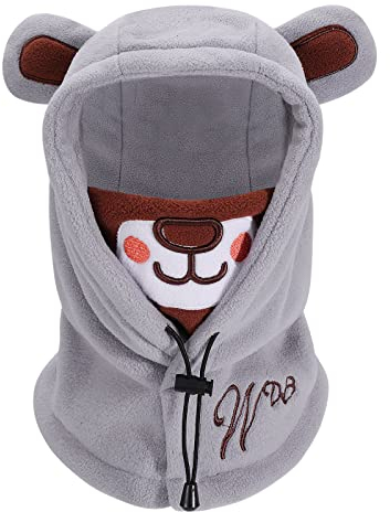 PHOGARY Schalmütze Schlupfmütze Kinder, Polar Fleece Wintermütze Jungen Niedliches Bärendesign, Balaclava Gesichtsmaske, Sturmhaube Kinder Kapuzenschal, 47cm-52cm Verstellbar （Grau）