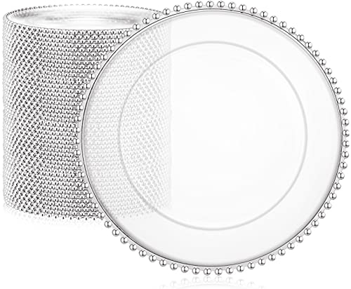 Gerrii 50 Pcs Clear Charger Plates 13 Inch Plastic Round Dinner Plates with Beaded Rim Dinner Table Decorative Charger for Home Wedding Kitchen Birthday Bridal Shower Party Table Supply(Silver)