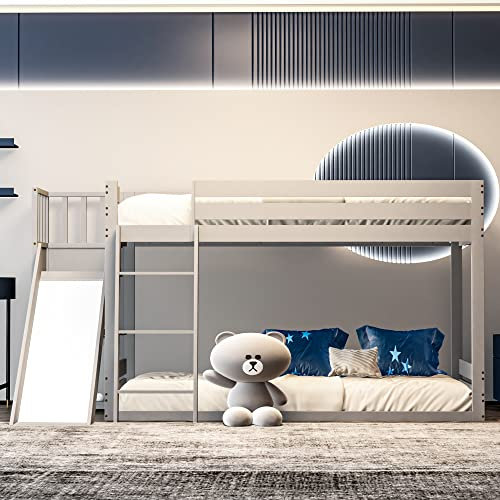 ZYLOYAL10 Kinderbett 90 * 200 mit Lattenrost, Rutsche und Regal, Etagenbett aus Kiefernholz mit Leiter und Rausfallschutz Bettgestell (Grau)