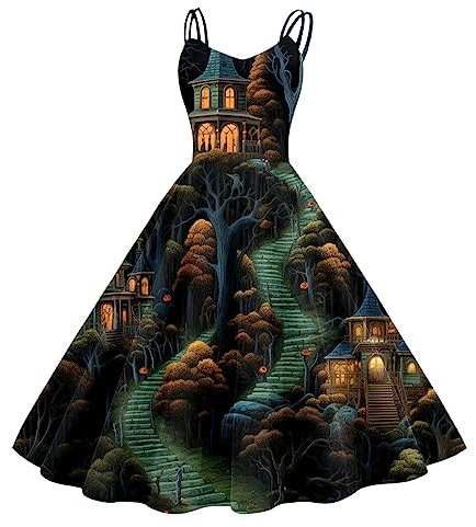 WVONIF Robe Halloween Femme Robe Femme Mi Longue de Cocktail Soirée Bal Cérémonie Pin Up pour Fête Mariage Anniversaire avec Manches 3/4 Col V Deguisement Halloween Femme Enceinte