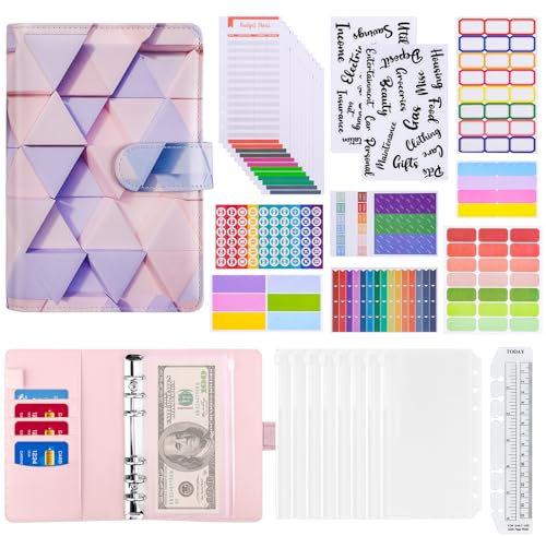 TENXSNUG 30Pcs Raccoglitore Soldi in Pelle, Raccoglitore ad Anelli A6 6 con 8 Tasche per Buste Economiche, 12 Fogli Budget Spese, 9 Etichette Adesive e 1 Righello per Risparmi, Rosa 2