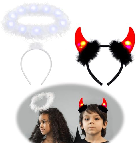 Leuchtendes Weißer Heiligenschein Engel und Schwarz Teufelshörner Haarreif Set,Heiligenschein Engel,Haarreif Fasching Damen,Teufel Hörner Damen,Halloween Karnevals Fasching Accessoires